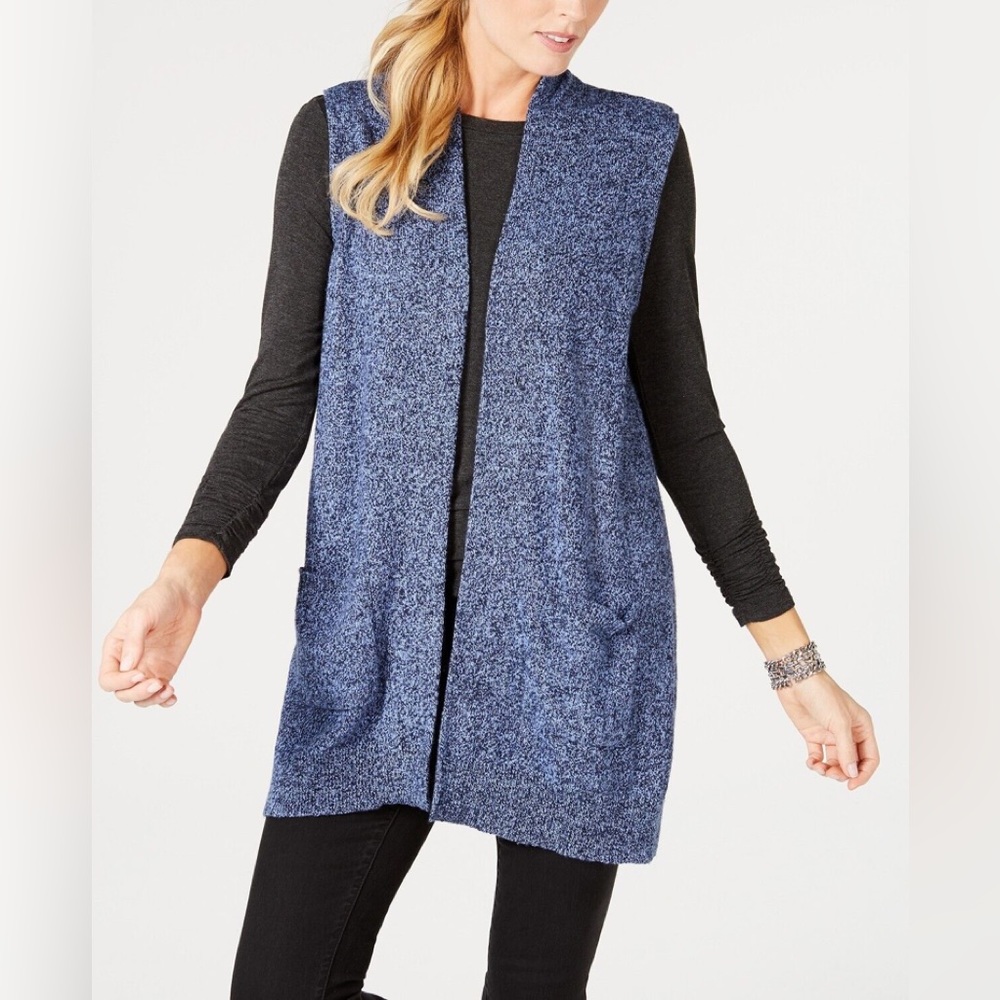 Karen Scott blue sleeveless open sweater cardigan  with pockets size medium